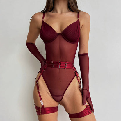 Mesh Bodysuit: Transparenter Vintage-Stil mit V-Ausschnitt - Sexy Einteiler inklusive Handschuhen Velure Intimates