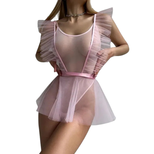 Backless Sheer Mesh Bodysuit for Women, 3 Piece Ruffle Bow Set in 4 Colors, Sexy Skinny Bodysuit, Body Femme