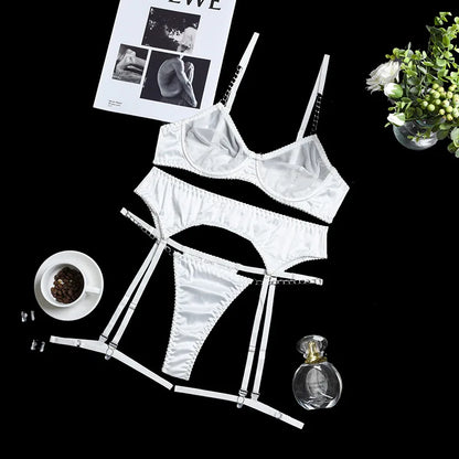 3-teiliges Mesh-BH-Set für Damen, Kette, Weißes Transparentes Lingerie-Set, Höschen und Strumpfband Unterwäsche-Set