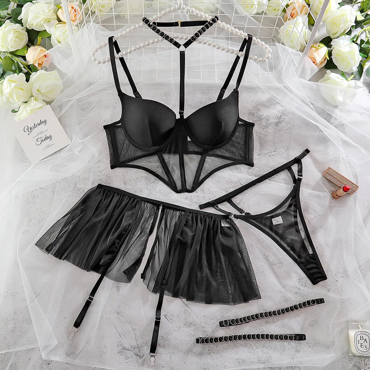 Halter Weiches Mesh-BH-Set für Damen, Gothic-Strumpfband, Sexy Lingerie-Set, Schwarzes Höschen Unterwäsche-Set