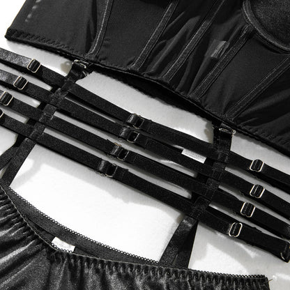 Bandage Lingerie für Damen, Gothic Bustier, Schwarz, Phantasievolles Exotisches Slip Unterwäsche-Set, Strumpfband-Set