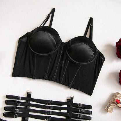 Bandage Lingerie für Damen, Gothic Bustier, Schwarz, Phantasievolles Exotisches Slip Unterwäsche-Set, Strumpfband-Set