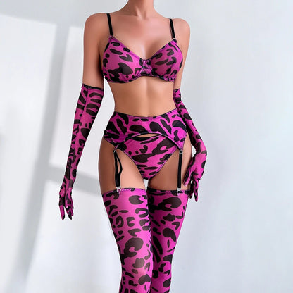 Leopardenmuster-Lingerie-Set für Damen mit Sexy Handschuhen und Strümpfen, 5-teiliges Erotisches BH Unterwäsche-Set