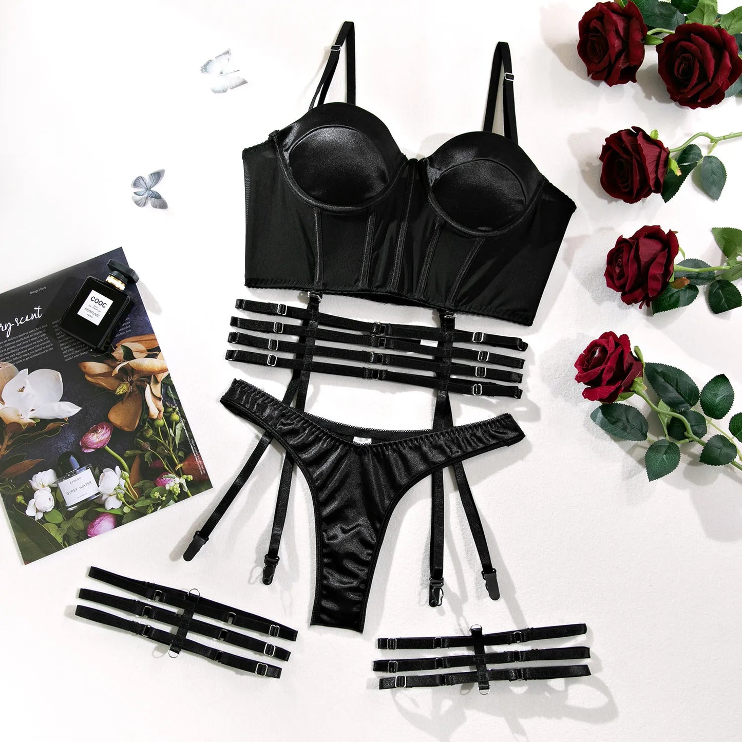 Bandage Lingerie für Damen, Gothic Bustier, Schwarz, Phantasievolles Exotisches Slip Unterwäsche-Set, Strumpfband-Set