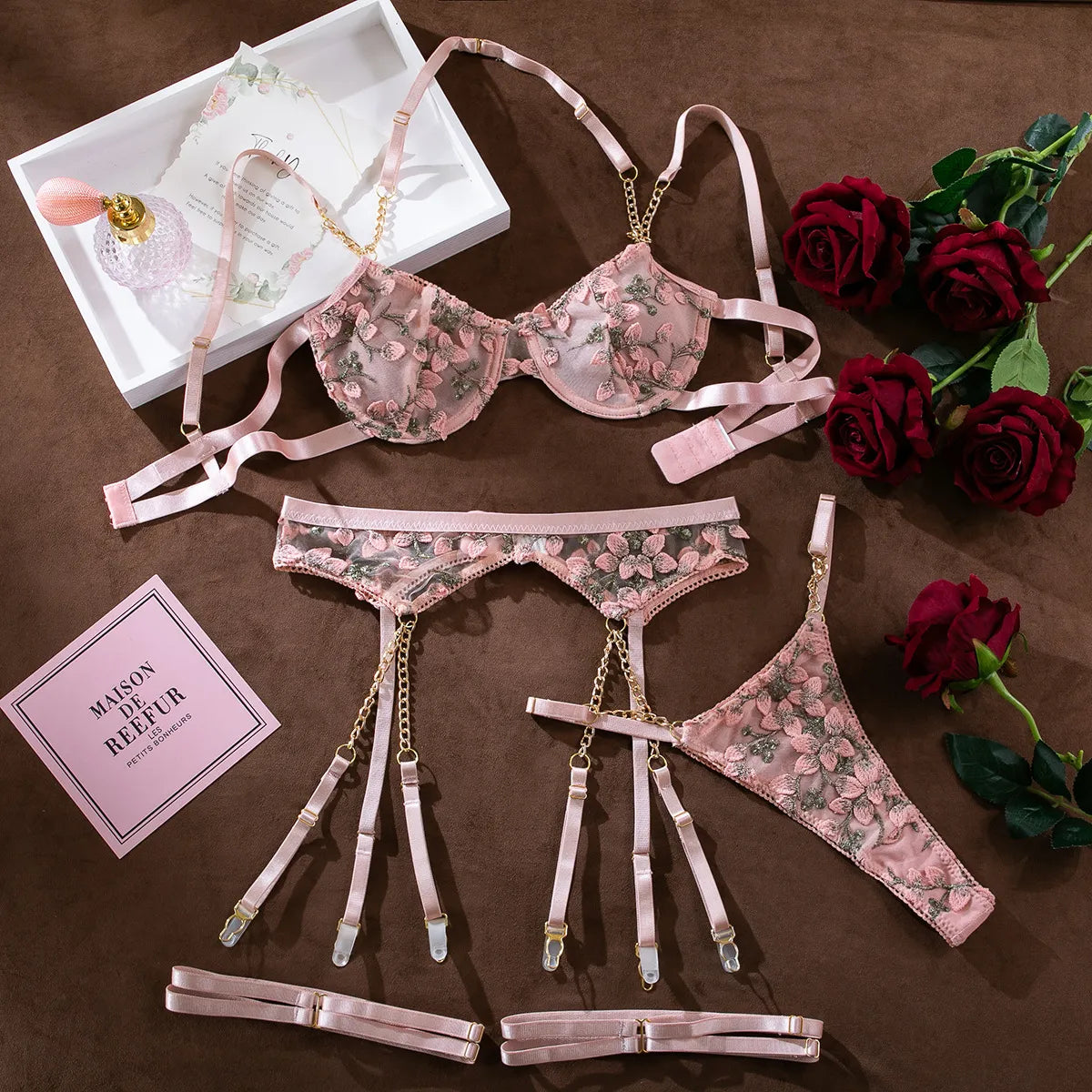 Florales Halter-Ketten-Lingerie-Set für Damen, Sexy BH + Höschen Unterwäsche-Set, Erotisches Set, Sinnliches Strumpfband-Set