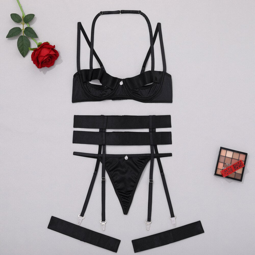 Cut-Out Dessous für Damen mit Halter-BH + String Unterwäsche-Set, Schwarzes Sexy Bandage Strumpfband, Erotisches Ensemble