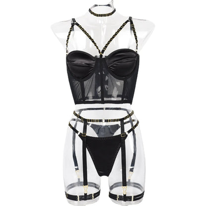 4-teiliges Mesh-BH-Set für Damen, Gothic-Strumpfband Lingerie-Set, Sexy Schwarzes Phantasievolles Höschen Unterwäsche-Set