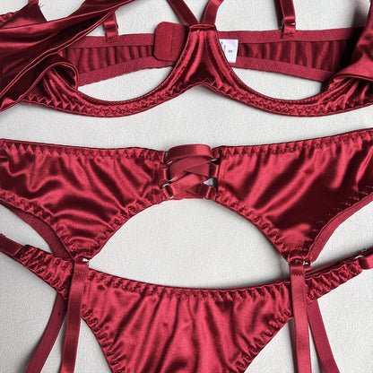 Ensemble de lingerie à nœud pour femmes avec tour de cou, soutien-gorge découpé + slip, ensemble de sous-vêtements, ensemble érotique sexy 4 pièces