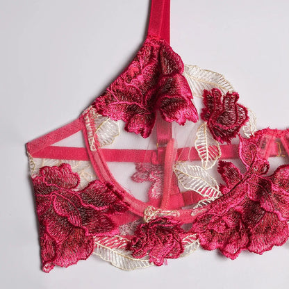 Ensemble de soutien-gorge en dentelle brodée 3 pièces avec soutien-gorge à armatures floral et sous-vêtements string