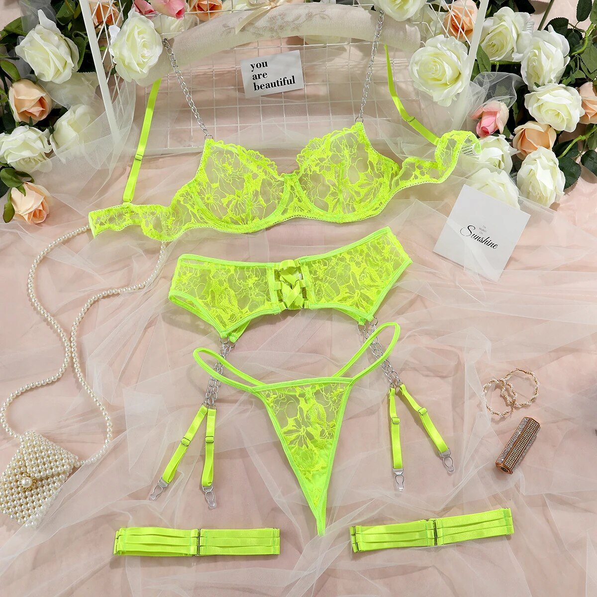 3-teiliges Stickerei-Lingerie-Set für Damen, 4 Farben Transparente Exotische Sets, Kette, Sexy Strumpfband G-String-Set