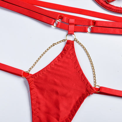 3-teiliges Cut Out Bandage Dessous-Set für Damen: Kette, Rot, Sexy Erotisches Set, Choker Unterwäsche-Set