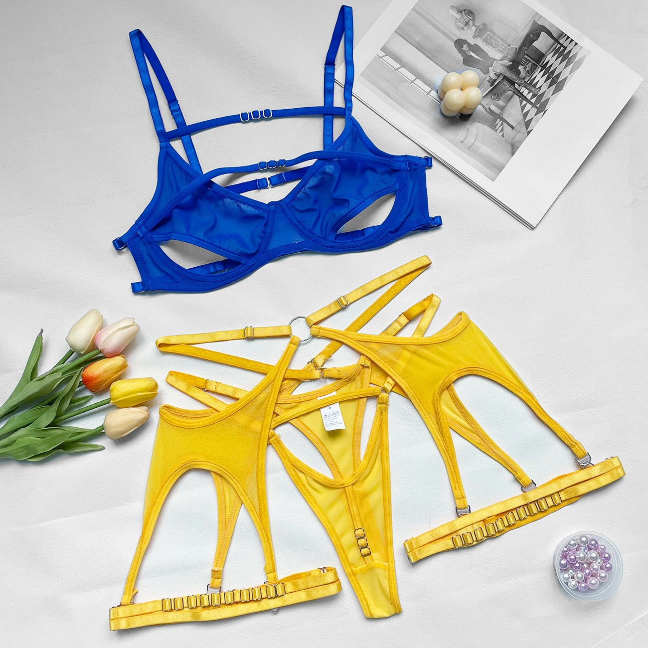 3-teiliges Kontrastfarben-Exotik-Set für Damen: Kreuz-Design, Sexy Dessous-Set, Bandage, Fantasie-Strumpfband, Ausgeschnittener Slip