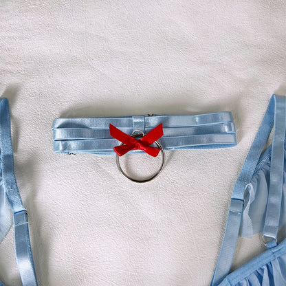 Ensemble lingerie avec nœuds et volants - Ensemble 4 pièces à épaules dénudées à la mode comprenant une culotte et un porte-jarretelles