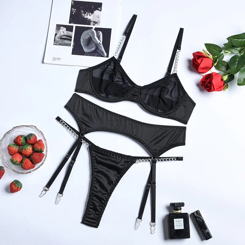 Ensemble de soutien-gorge en maille 3 pièces pour femmes, ensemble de lingerie transparente blanche avec chaîne, culotte et sous-vêtements jarretelles