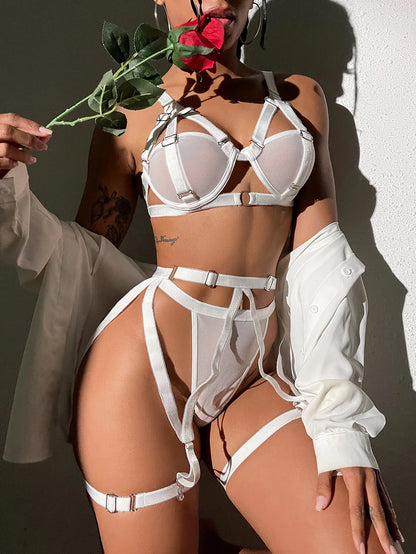 3-teiliges Mesh-BH-Set für Damen, Transparentes Bandage-Lingerie-Set, Weißes Slip-Unterwäsche-Set