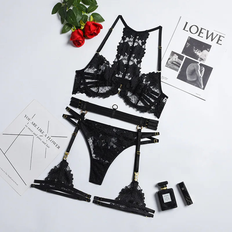 3-teiliges Florales Spitzen-Lingerie-Set für Damen, Halter Sexy Exotische Sets, Schwarzes Enges Strumpfband-Set