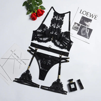 3-teiliges Florales Spitzen-Lingerie-Set für Damen, Halter Sexy Exotische Sets, Schwarzes Enges Strumpfband-Set