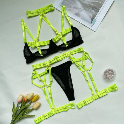 3 Piece Bandage Lingerie Set for Women Halter Gothic Sexy Exotic Set Neon Color Garter Fancy Set