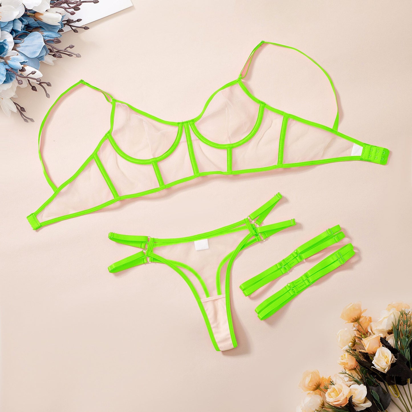 Neon 3-piece mesh lingerie set - brightly seductive