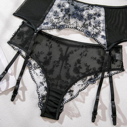 Florales Stickerei-Durchsichtiges Lingerie-Set für Damen, Sinnlicher BH + Höschen Unterwäsche-Set, Vintage Erotische Sets Dessous