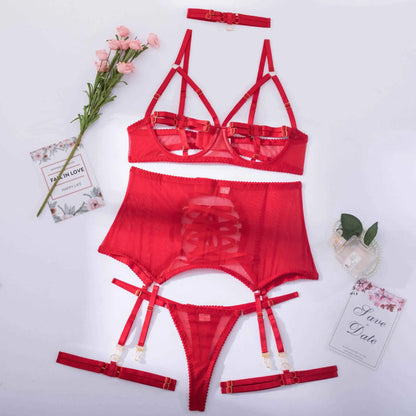 5-teiliges Bandage-Lingerie-Set für Damen, Rotes Exotisches Set, Phantasievolles Transparentes Mesh, Sexy Strumpfband-Set