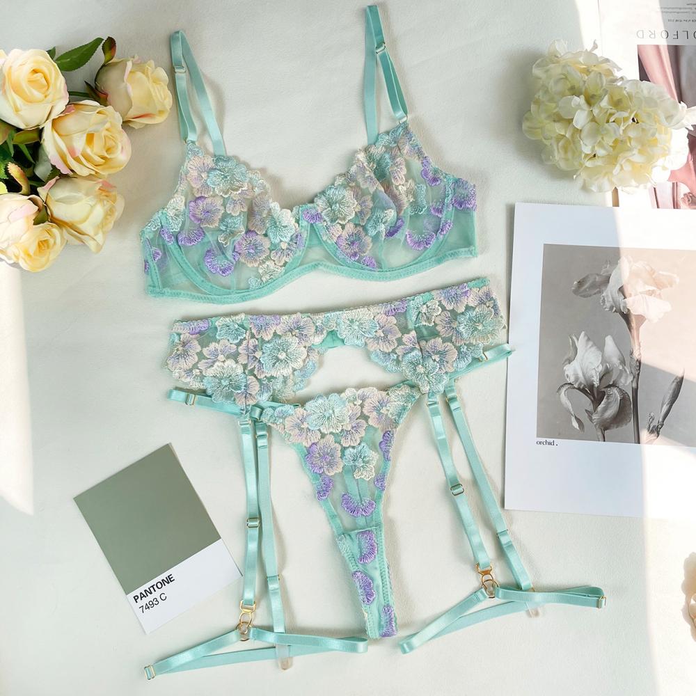 Florales Stickerei-Dessous-Set für Damen – Edles Höschen in 2 Farben mit Verführerischem Strumpfband-Set