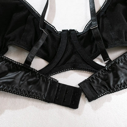 PU-Leder Ausgeschnittenes Lingerie-Set für Damen, Punk-Stil, Sexy BH + Höschen Unterwäsche-Set, Sinnliches Strumpfband-Set