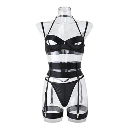 Cut-Out Dessous für Damen mit Halter-BH + String Unterwäsche-Set, Schwarzes Sexy Bandage Strumpfband, Erotisches Ensemble