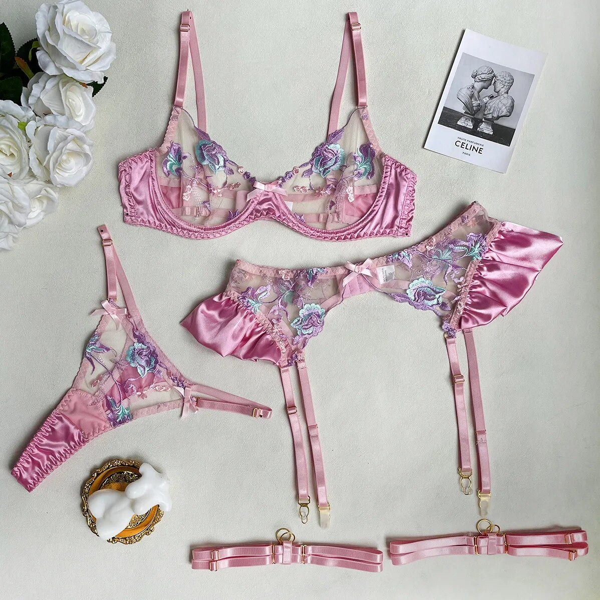 Florales Stickerei-Lingerie-Set für Damen, Elegantes Sexy Durchsichtiges Erotisches BH und Höschen Unterwäsche-Set mit Gerafftem Strumpfband-Set