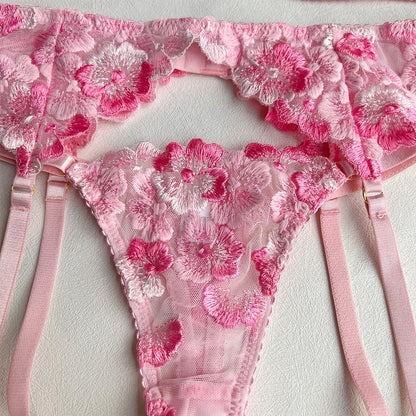 Ensemble de lingerie brodé floral pour femme – Culotte élégante en 2 couleurs avec ensemble jarretelles séduisant