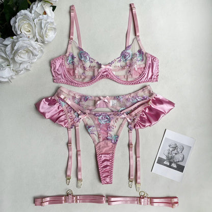 Florales Stickerei-Lingerie-Set für Damen, Elegantes Sexy Durchsichtiges Erotisches BH und Höschen Unterwäsche-Set mit Gerafftem Strumpfband-Set