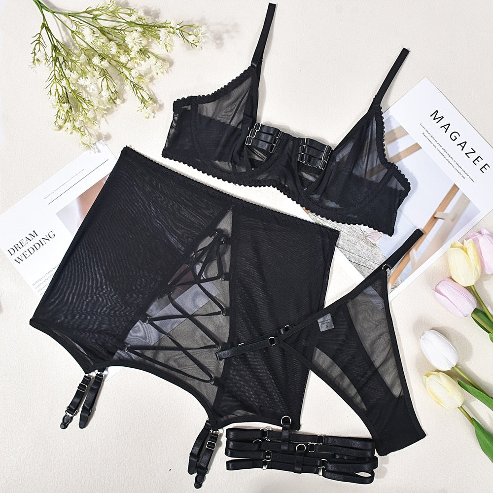 Cut Out Erotisches Set für Damen: Mesh Transparent, 4-teilig, Schwarz, Strumpfhalter Dessous-Set, Rückenfreier Slip