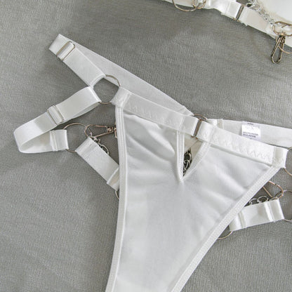 2 Piece Chain Detail Padded Bra Set - Luxurious white underwear with backless panties