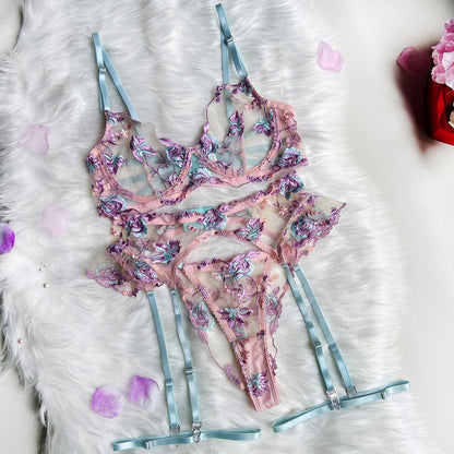 Blumenstickerei Dessous-Set für Damen: Transparenter BH + Slip, Erotisches Strumpfband-Set, Sinnliche Intimitäten