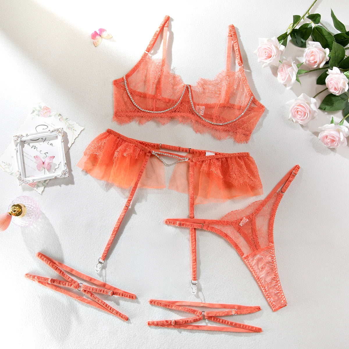 Strass Durchsichtiges Spitzen-Lingerie-Set für Damen, Einfarbiger BH+Höschen, Sexy Unterwäsche, Erotisches Strumpfband-Set