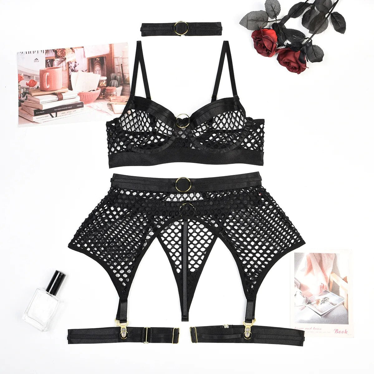 Contrast Mesh Sheer Erotic Lingerie Set with Choker, 5 Piece Bra, Thong and Garter Underwear Set