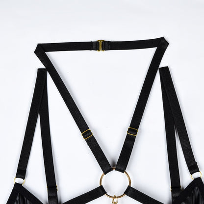 3-piece PU leather lingerie set with black chain strap