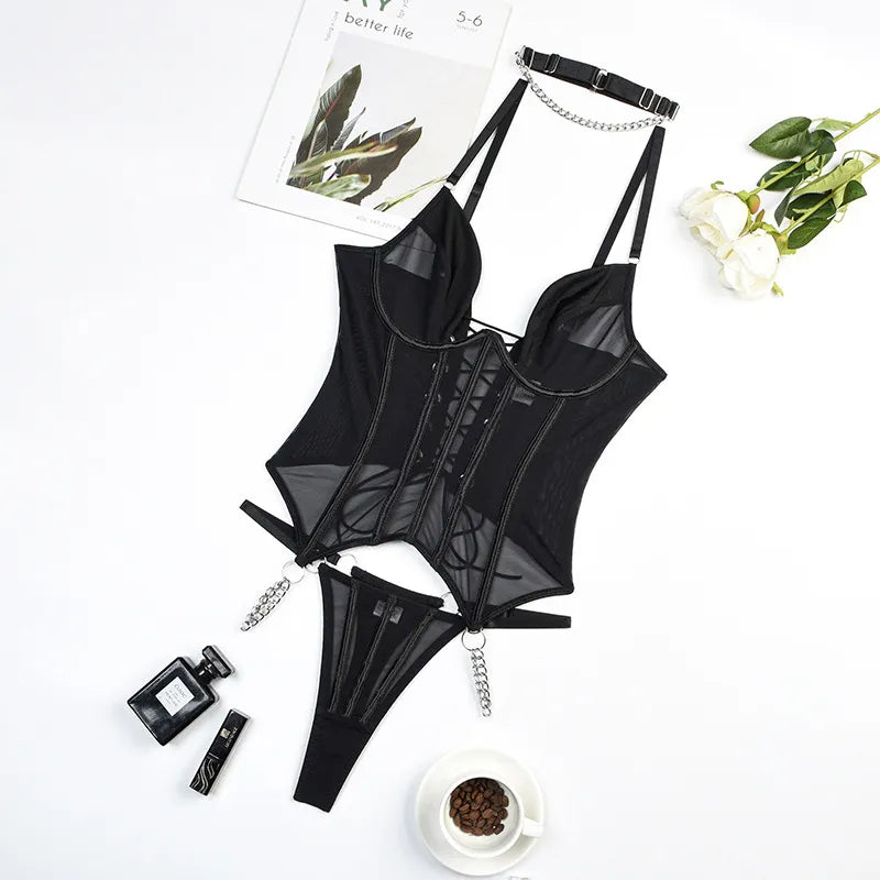 Choker Schnür-Lingerie-Set für Damen, 3-teilig, Schwarzes Rückenfreies Erotisches Set, Gothic Club Slip-Set