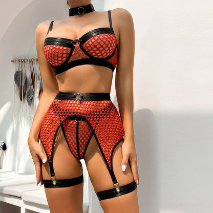 Kontrastfarbenes Mesh-Sheer Erotisches Dessous-Set mit Halsreif, 5-teiliges BH, Tanga und Strumpfband Unterwäsche-Set