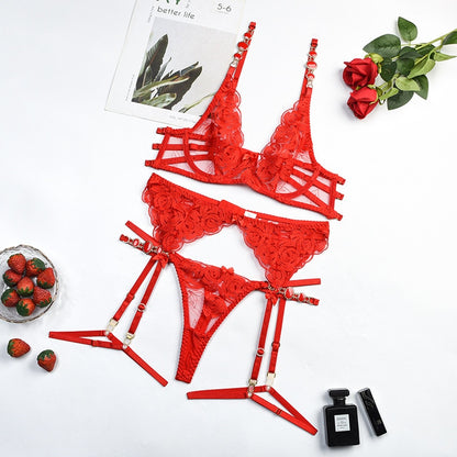 Florales Dessous-Set mit Ketten-Trägern - Verführerisches 6-Farben-Ensemble inklusive Strumpfband und Höschen