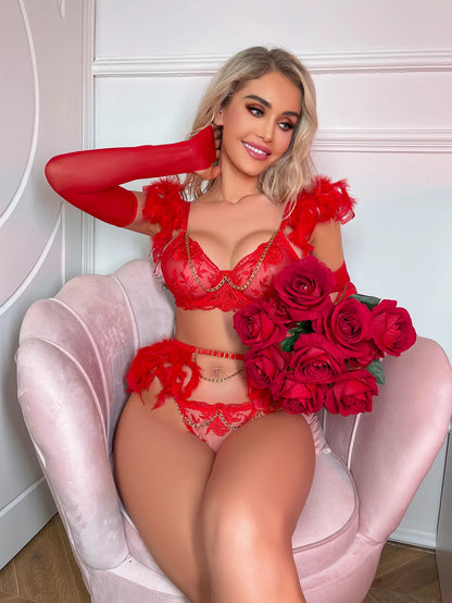 5-teiliges Feder-Luxus-Lingerie-Set für Damen, Ketten-BH-Set, Rot, Party Erotisches Set mit Handschuhen