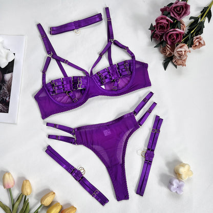 Ensemble érotique bandage 4 pièces pour femme : décolleté ras du cou, violet vintage uni, ensemble lingerie sexy avec slip