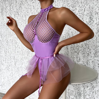 Einteiliger PU-Leder Bodysuit mit Mesh-Patchwork für Damen