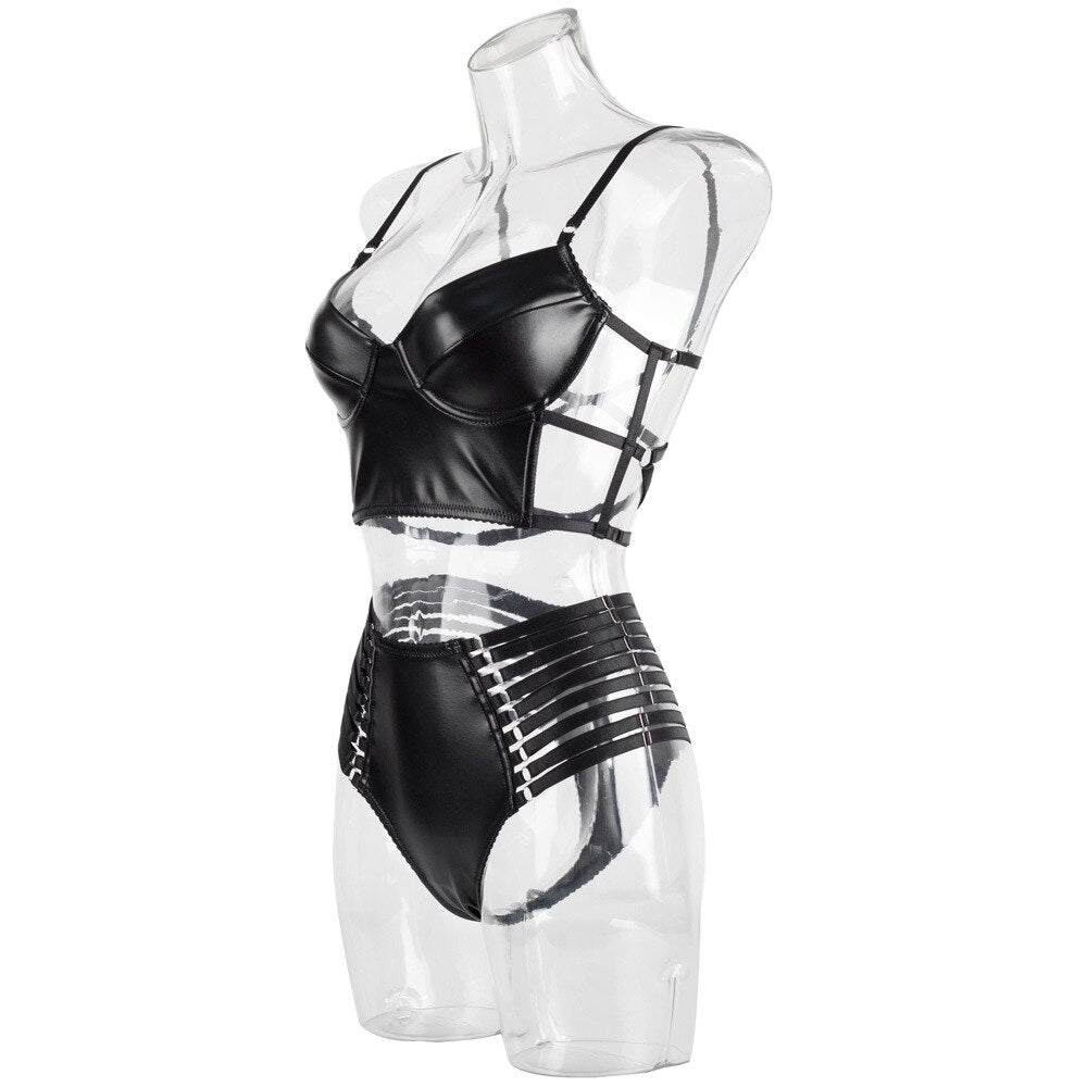 Motor Style PU Leather Bra Set - Backless design with bandage panties