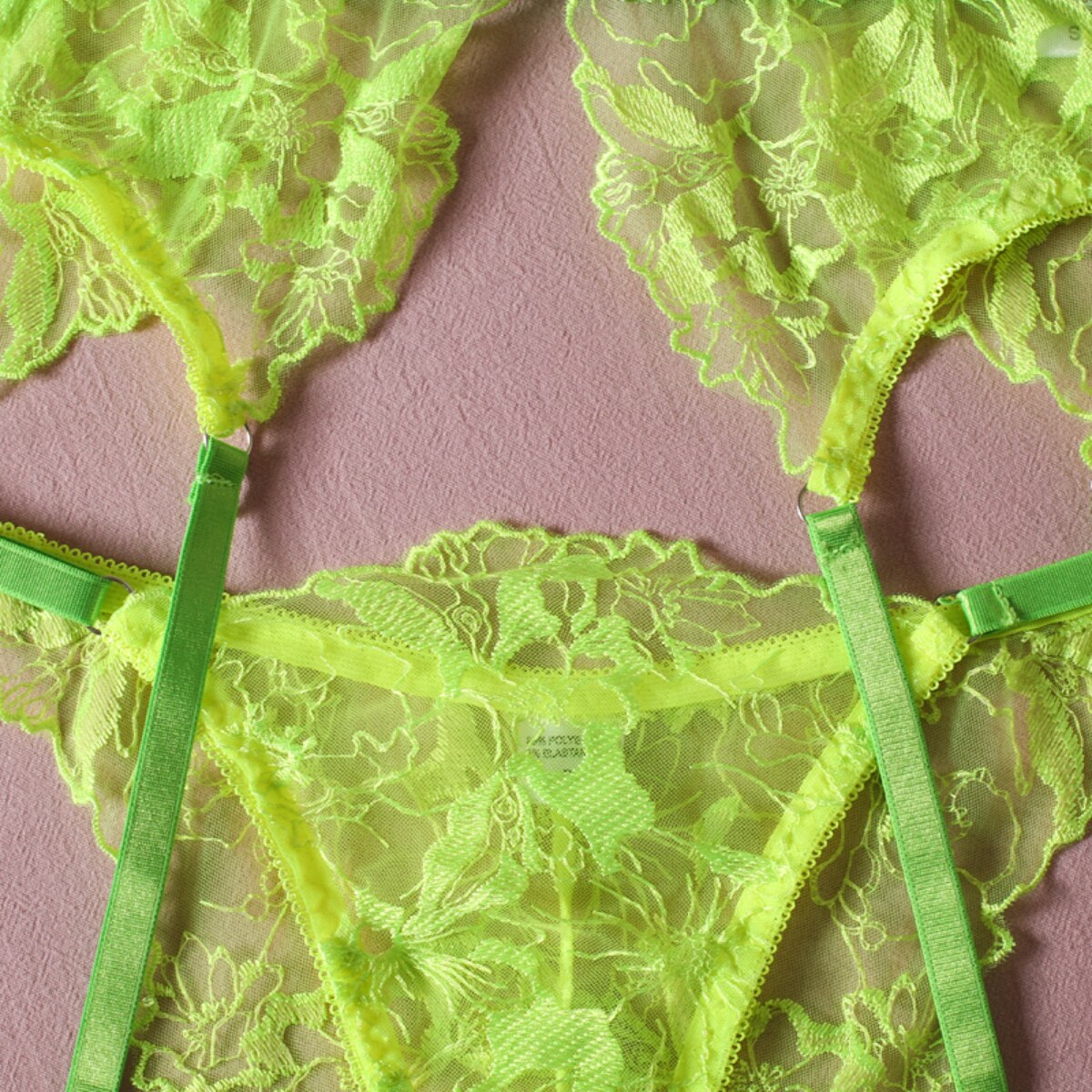 Florales Stickerei-Dessous-Set für Damen, 3-teilig, Neon-Grün, modisches Sexy-Erotik-Set, Strapsgürtel und Slip