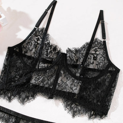 Gothic Spitzen-Lingerie-Set für Damen, Transparenter Rückenfreier BH + Höschen Unterwäsche-Set, Schwarz, Erotisches Strumpfband-Set