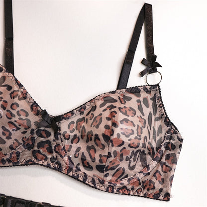 3-teiliges Leopard Mesh Dessous-Set für Damen: Vintage Sexy Exotik-Set mit Ring-Schleife, Fantasie Strumpfband und Slip