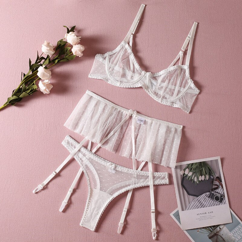 3 Piece Bridal Transparent Underwear Set for Women Bow Detail Fairy Mesh Sexy Lingerie Set with Briefs