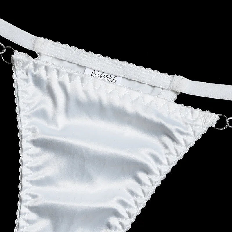 Ensemble de soutien-gorge en maille 3 pièces pour femmes, ensemble de lingerie transparente blanche avec chaîne, culotte et sous-vêtements jarretelles