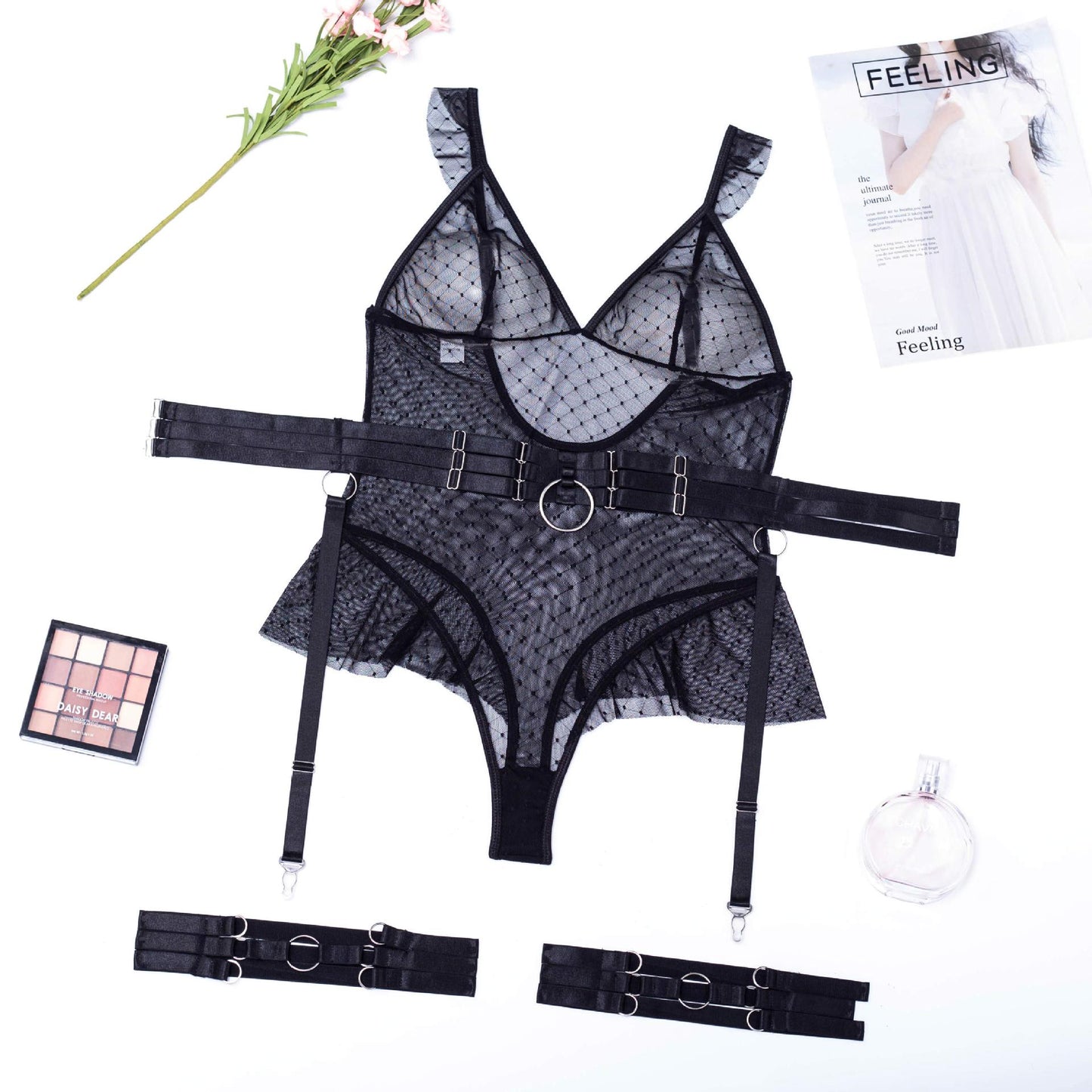 One-piece lace bodysuit with backless design and dot mesh